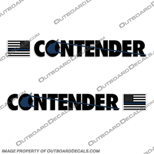 Contender Boat Logo Decal w/Flag - Set of 2 (Black/Blue) contedner, flag, boat, decals, stickers, set, of, 2, black , blue, lettering, logo, 