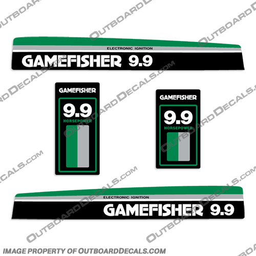Gamefisher 1982 - 1983 9.9hp Outboard Decal Kit Gamefisher, 1982, 1983, 9.9, 9.9hp, hp, green