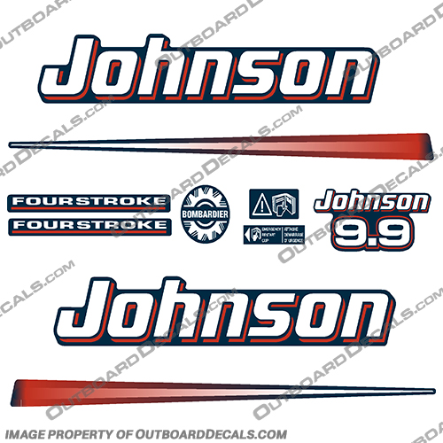 Johnson 9.9hp 2002 - 2007 Decals - Blue Cowl johnson, outboard, outboards, engine, motor, decal, kit, set, ocean, pro, red, 4, stroke, four, fourstroke, four stroke, 9.9, 9.9hp, 9hp, 10hp, 9, 2002, 2203, 2204, 2005, 2006, 2007