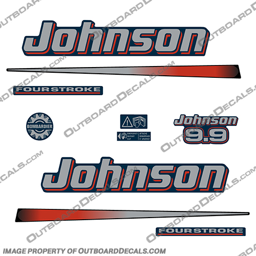 Johnson 9.9hp 2002 - 2007 Decals - Blue Cowl / Silver Text johnson, outboard, outboards, engine, motor, decal, kit, set, ocean, pro, red, 4, stroke, four, fourstroke, four stroke, 9.9, 9.9hp, 9hp, 10hp, 9, 2002, 2203, 2204, 2005, 2006, 2007, silver, text