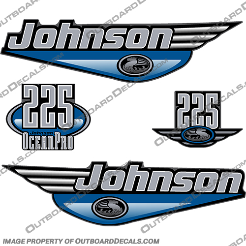 JOHNSON 225HP OCEANPRO DECALS - LIGHT BLUE johnson, 225hp, 225 hp, 225, 1999, 99, ho, high, output, outboard, engine, motor, decals,  decals, sticker, kit, set, Light Blue, Light, Blue