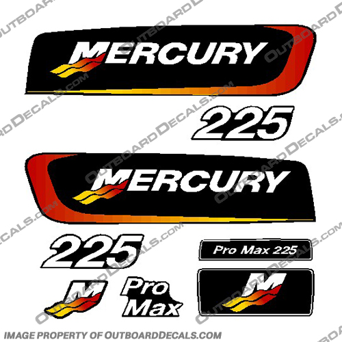 Mercury 225hp Pro Max Decal Kit  pro. max, pro max, pro-max, promax, 225, 225hp, 2.5, 225x, mercury, outboard, motor, engine, decal, sticker, kit, full, set, of decals, stickers