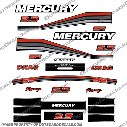 Mercury 260hp 2.5L Racing Decals - Custom Red/Silver/Dark Grey mercury, 260, 2.5, custom, red, silver, dark, grey, ss, drag, racing, outboard, motor, engine, decal, sticker, kit, set