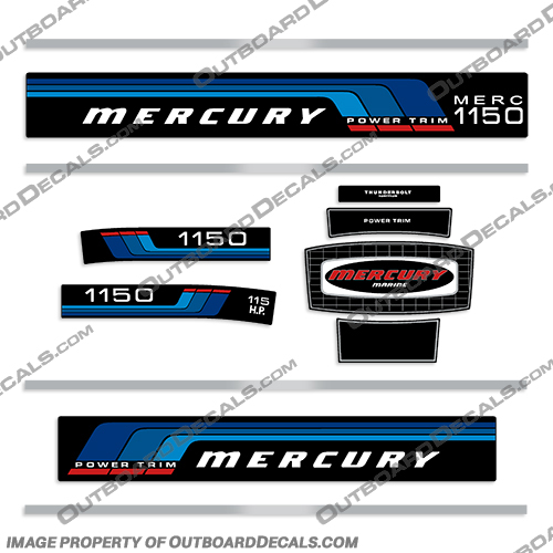 Mercury 115HP Power Trim Outboard Engine Decals - 1976-1977 mercury, 115, hp, 115hp, outboard, engine, decals, sticker, set, 1976, 1977, boat, motor, engine, decal, blue, power, trim, 