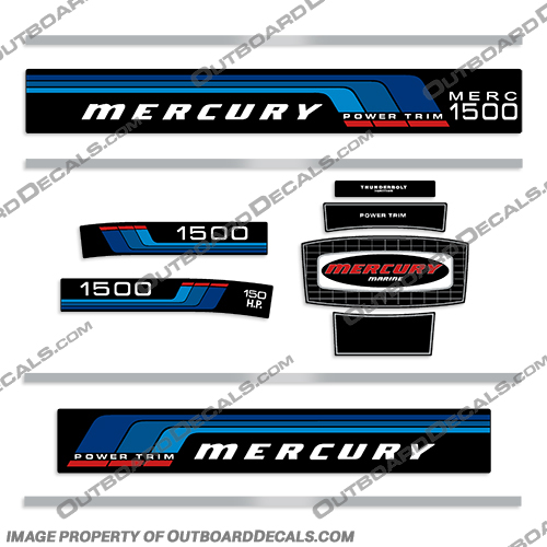 Mercury 1976 - 1977 150HP Power Trim Outboard Engine Decals  mercury, 150hp, 150, hp, power, trim, 1976, 1977, outboard, engine, decals, set, stickers, motor, decal, blue, vintage,