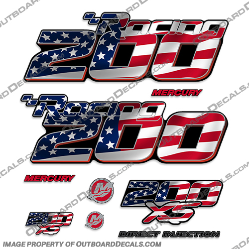 Mercury Racing Optimax 200XS DFI DECAL SET 8M0121263- American Flag! 200, 200-xs, 200 xs, xs, 016 2017 Mercury Racing 200 hp Optimax 200XS decal set replica (All domed decals and emblem as flat vinyl decals Non OEM)  Referenced Part number: 8M0121263  Made as decal Upgrade for 2006-2017 Outboard motor covers. RACE OUTBOARD HIGH PERFORMANCE 3.2L 300XS OPTIMAX 1.62:1 300 XS L SM PN: 881288T64 ,898103T93, 8M0121265. ,american, flad, racing, mercury, 300, optimax, 