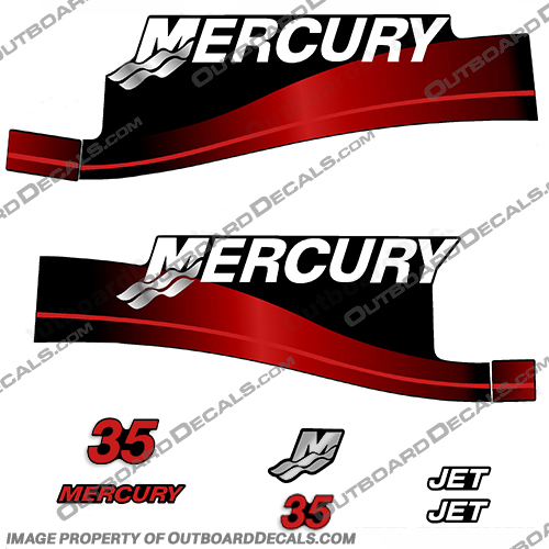 Mercury 35hp Jet Drive Decal Kit 1999-2004 (Red) mercury, 35hp. 35, hp, jet, drive, decal, kit, stickers, set, decals, 1999, 2000, 2001, 2002, 2003, 2004, engine. moto. red, 