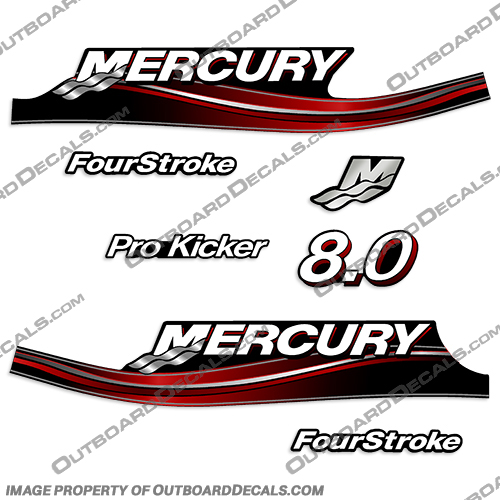 Mercury 8.0hp FourStroke Pro Kicker Decal Kit - 2005 Style (Red) mercury, 8.0 hp, 8hp, 8 hp, 8.0hp, horsepower, 9.9hp, 2005, 2006, 2007, 2008, 2009, 2010, electronic, fuel, injection, four, stroke, outboard, engine, motor, decal, kit, set, pro, kicker, FourStroke, 4-Stroke, 4Stroke