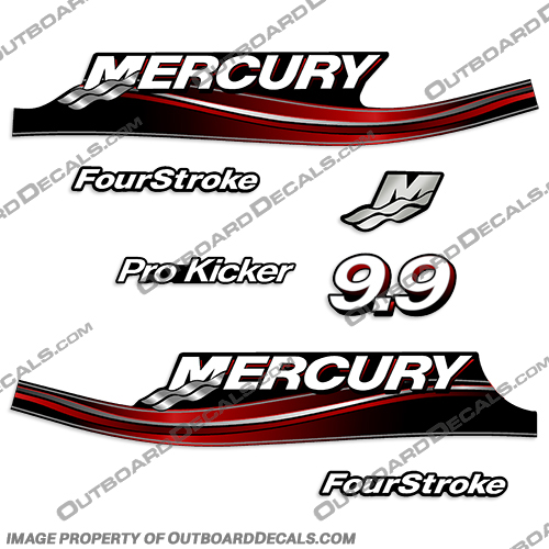 Mercury 9.9hp FourStroke Pro Kicker Decal Kit - 2005 Style (Red) mercury, 9.9, 9.9 hp, horsepower, 9.9hp, 2005, 2006, 2007, 2008, 2009, 2010, electronic, fuel, injection, four, stroke, outboard, engine, motor, decal, kit, set, pro, kicker, FourStroke, 4-Stroke, 4Stroke