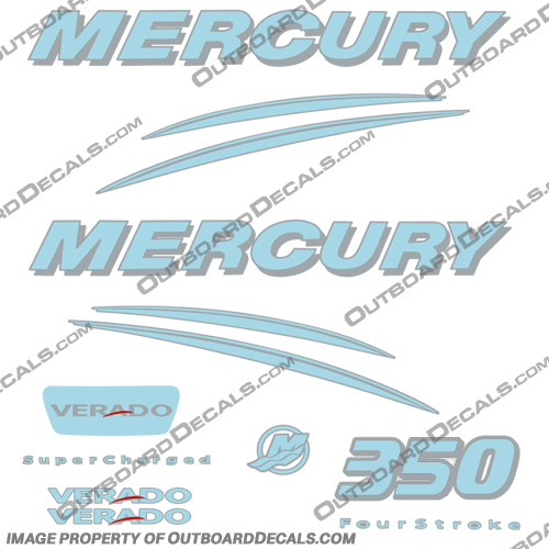 Mercury Verado 350hp Decal Kit - Powder Blue/Silver  Mercury, Verado, 350, 350hp, hp, horse power, Decal, Kit, Decals, Powder Blue, Silver, Powder