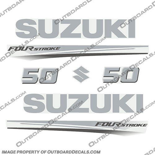 Suzuki 50 Fourstroke New 2017 and Up suzuki, 50, 50hp, 60hp, 60, 70hp, 2017, 2018, 2019, 2020, 2021, 2022, new, style, decal, decals, set, kit, stickers, outboard, engine, motor, fourstroke, silver