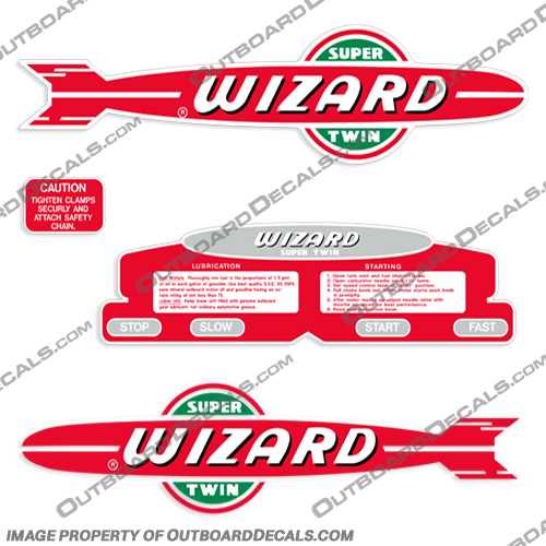 Wizard 6hp (WF-4, WG-4) Decal Kit - 1949-1950 wizard, 6hp, 6, hp, wg4, wf4, decal, decals, kit, stickers, set, 1949, 1950, 49, 50, outboard, motor, engine, 